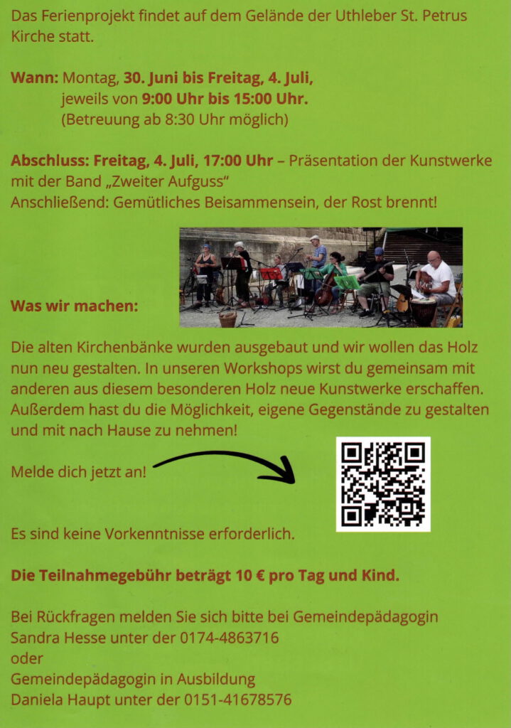 Flyer (hinten) Uthleben Ferienprojekt Holzgeflüster - Konzert Zweiter Aufguss 04.07.2025